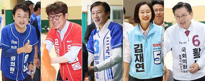 경기 평택을 국회의원 재선거에 출마한 후보들이 5월 31일 경기도 평택시 팽성읍 한 초등학교 총동문회 운동회에서 참석자들에게 인사하고 있다. 왼쪽부터 더불어민주당 김용남 후보, 국민의힘 유의동 후보, 조국혁신당 조국 후보, 진보당 김재연 후보, 자유와혁신 황교안 후보. 평택=연합뉴스