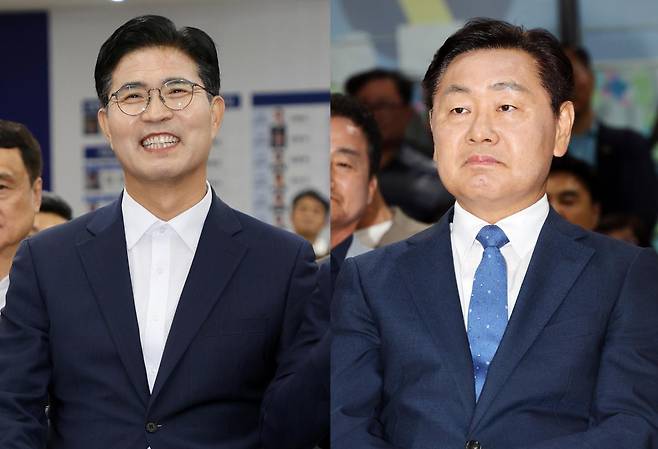 더불어민주당 이원택(왼쪽 사진)·무소속 김관영 전북자치도지사 후보가 3일 제9회 전국동시지방선거 출구조사 결과를 각각 지켜보고 있다. 연합뉴스