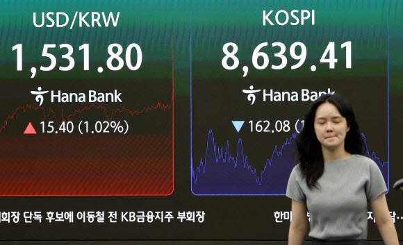 4일 오후 서울 중구 하나은행 딜링룸 현황판에 코스피와 원/달러 환율이 표시되고 있다. 연합뉴스