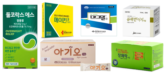 약국에서 판매하는 다양한 변비약 제품들. 의료진과 상담해서 복용하는 제품도 있고, 변비 원인에 따라 달라질 수 있으니 전문가와 상의해야 한다. [각 사 홈페이지]