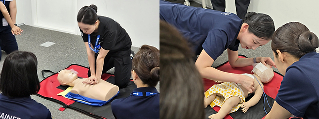 ▲파라타항공 교관이 심폐 소생술(CPR) 시범을 보이는 모습(좌)과 실습 중인 신입 승무원들. 사진=박규빈 기자