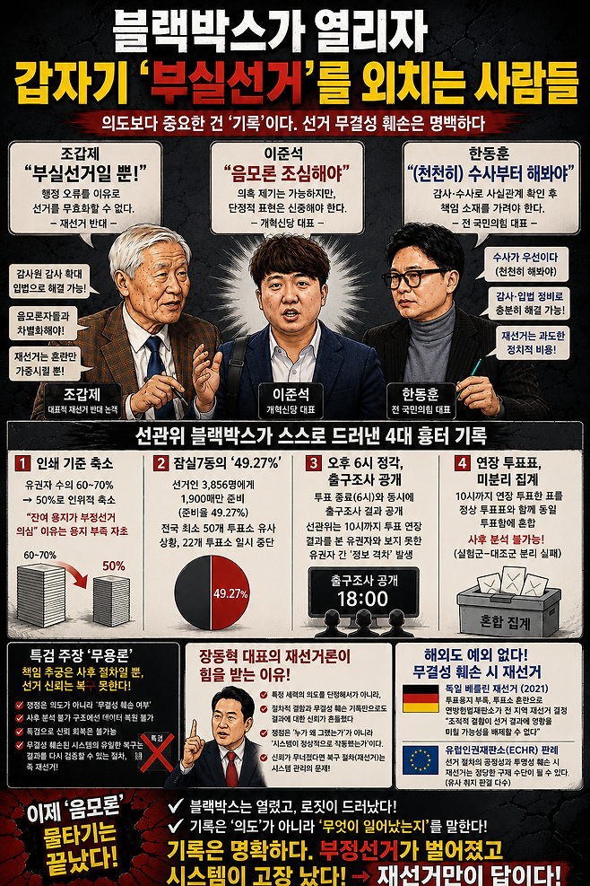 조갑제·이준석·한동훈 진영은 각각 부실선거론, 신중론, 수사 우선론을 내세우고 있으나 6.3 부정선거 사태는 한국 민주주의에 선거 무결성을 훼손 흉터를 남겼다. / GPT-5.5
