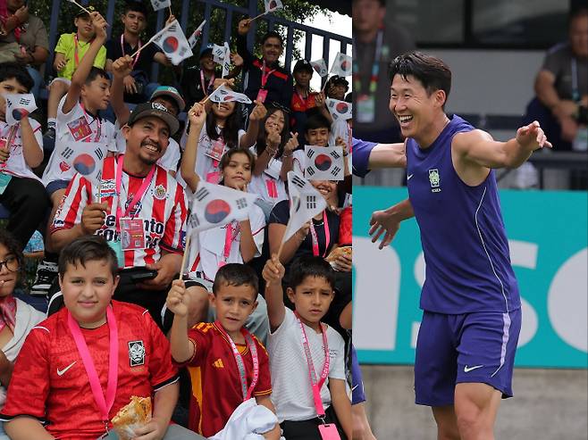 6일(현지시간) 한국 축구 국가대표팀 베이스캠프 훈련장인 멕시코 과달라하라 치바스 바예 베르데에서 열린 커뮤니티 트레이닝에서 멕시코 현지 팬들이 선수들을 응원하고 있다. 사진 오른쪽은 손흥민. 연합뉴스