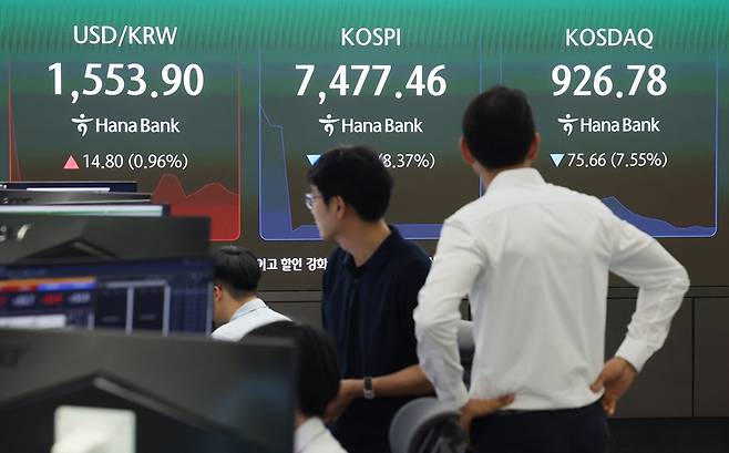 8일 국내 증시가 장 초반부터 급락세를 보이면서 '블랙먼데이' 공포에 휩싸였다. 사진은 이날 하나은행 딜링룸 / 뉴시스