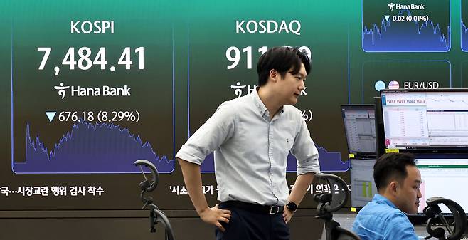 8일 서울 중구 하나은행 딜링룸 현황판에 코스피 등이 표시되고 있다.이날 코스피는 676.18포인트(8.29%) 내린 7,484.41에, 코스닥은 91.05포인트(9.08%) 내린 911.39에 장을 마감했다.  [연합]