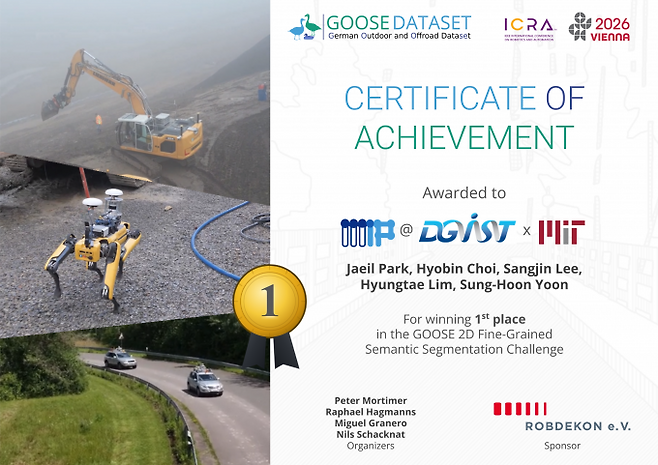 윤성훈 DGIST 교수팀이 '2026 ICRA'에서 'GOOSE 2D 시맨틱 분할 챌린지' 부문 1등을 차지했다. DGIST 제공