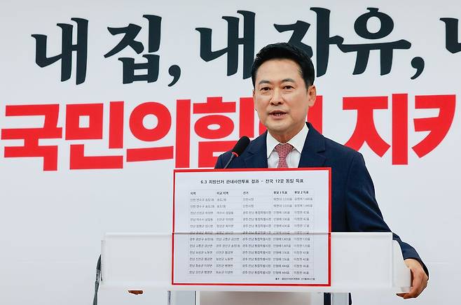 장동혁 국민의힘 대표가 9일 오전 서울 여의도 국회에서 6·3지방선거 관내 사전투표 결과 관련 기자회견을 하고 있다. 뉴스1