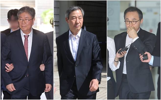 5월 22일 서울 서초구 서울중앙지법에서 열린 구속 전 피의자 심문(영장실질심사)에 출석하는 김대기 전 대통령 비서실장(맨 왼쪽)과 영장실질심사를 마치고 나오는 윤재순 전 총무비서관(가운데), 김오진 전 관리비서관의 모습. [연합뉴스]
