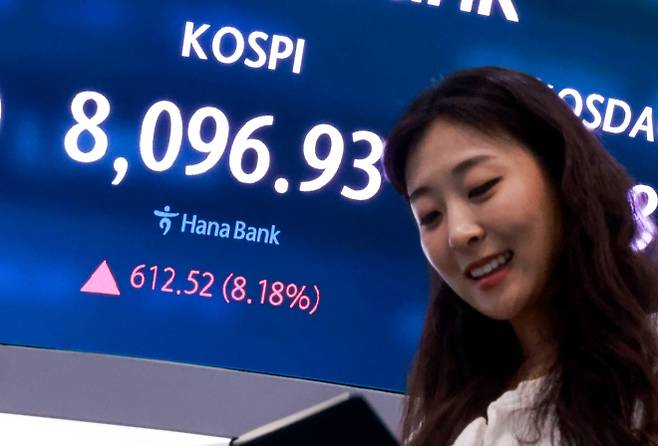 8000선 회복 마감한 코스피 - 9일 서울 중구 하나은행 본점 딜링룸 전광판에 종가가 나오고 있다. 이날 코스피는 전 거래일 대비 612.52포인트(p)(8.18%) 상승한 8096.93, 코스닥은 전 거래일 대비 56.42포인트(p)(6.19%) 오른 967.18로 마감했다. 2026.6.9 뉴스1