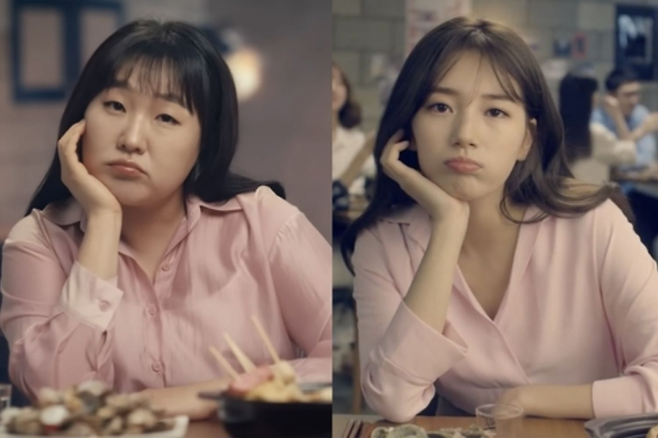 개그우먼 이수지(왼쪽)와 배우 수지가 각각 출연한 소주&nbsp;광고. 연합뉴스
