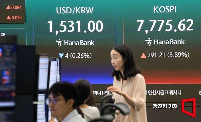코스피 지수가 전 거래일 대비 213.35포인트 상승한 7697.76으로 장을 시작한 9일 서울 중구 하나은행 딜링룸 전광판에 국내증시 현황이 표시돼 있다. 이날 원달러 환율은 전거래일 대비 5.6원 내린 1529.4원으로 거래를 시작 했다. 2026.6.9 강진형 기자
