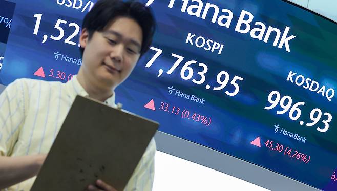 11일 서울 중구 하나은행 본점 딜링룸 전광판에 종가가 나오고 있다. /뉴스1