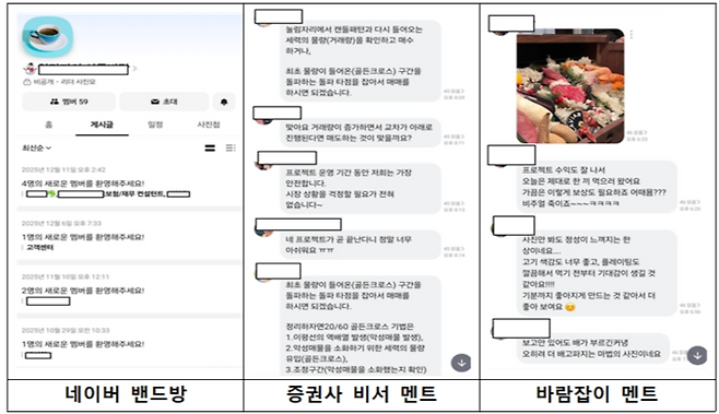 리딩방 사기조직이 피해자들을 초대한 네이버 밴드 리딩방과 조직원들이 투자를 부추기는 방법. [서울경찰청]