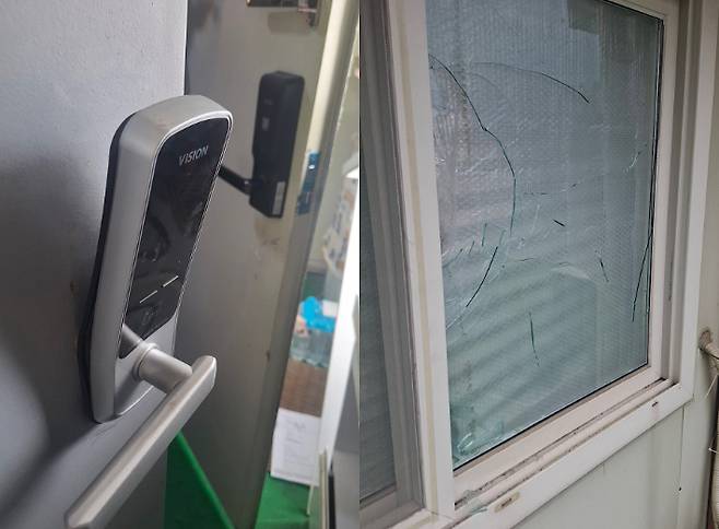 사랑제일교회 관계자들을 공동재물손괴 등 혐의로 고소한 이모씨 자택 현관문 잠금 장치가 부서지고(왼쪽) 창문에 금이 간 모습(오른쪽). 이씨 측 제공
