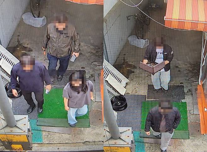 사랑제일교회 관계자들이 이씨 자택 현관문과 창문 등을 파손한 뒤 걸어 나오는 모습이 담긴 CCTV 영상 캡처. 이씨 측 제공