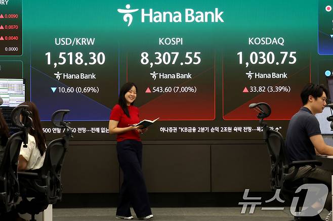 코스피 지수가 6%대 급등 출발한 12일 오전 서울 중구 하나은행 본점 딜링룸 현황판에 전장대비 543.60포인트(7.00%) 상승하 8,307.55를 나타내고 있다. 2026.6.12 ⓒ 뉴스1 이광호 기자