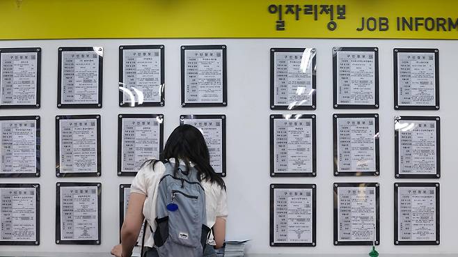 지난달 서울 마포구 서울서부고용복지플러스센터 일자리정보 게시판에서 한 젊은 여성이 구인정보를 확인하고 있다. 뉴스1