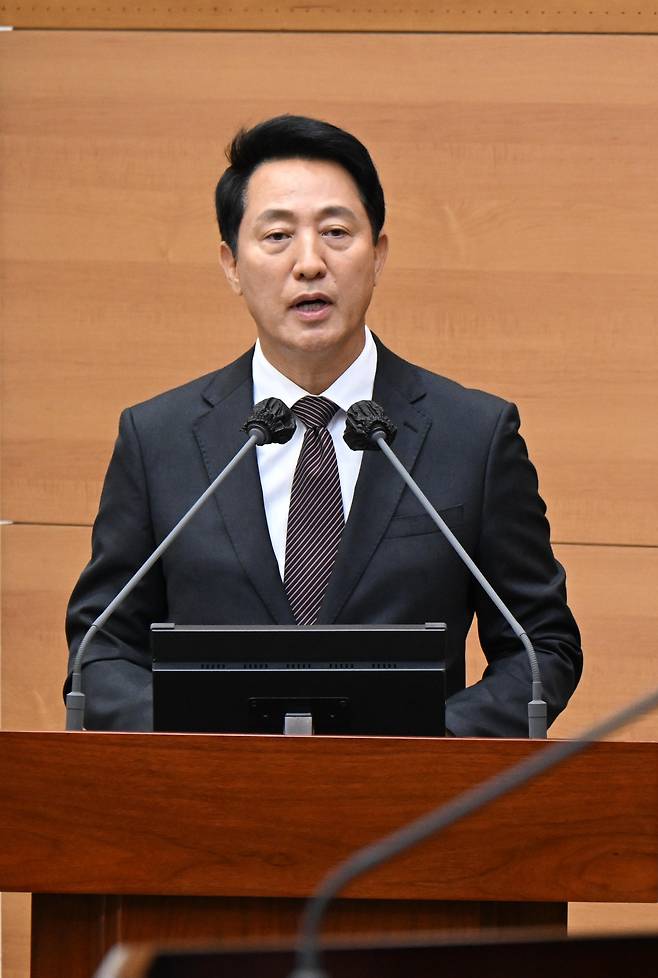 오세훈 서울시장이 11일 서울시의회에서 열린 제336회 정례회 본회의에서 발언하고 있다. [서울시 제공]