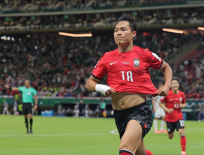 11일(현지시간) 멕시코 사포판 과달라하라 스타디움에서 열린 2026 북중미 월드컵 A조 1차전 한국과 체코의 경기. 후반 오현규가 역전골을 넣은 뒤 코너로 내달리고 있다. 2026.6.12 /사포판[멕시코 할리스코주]=연합뉴스