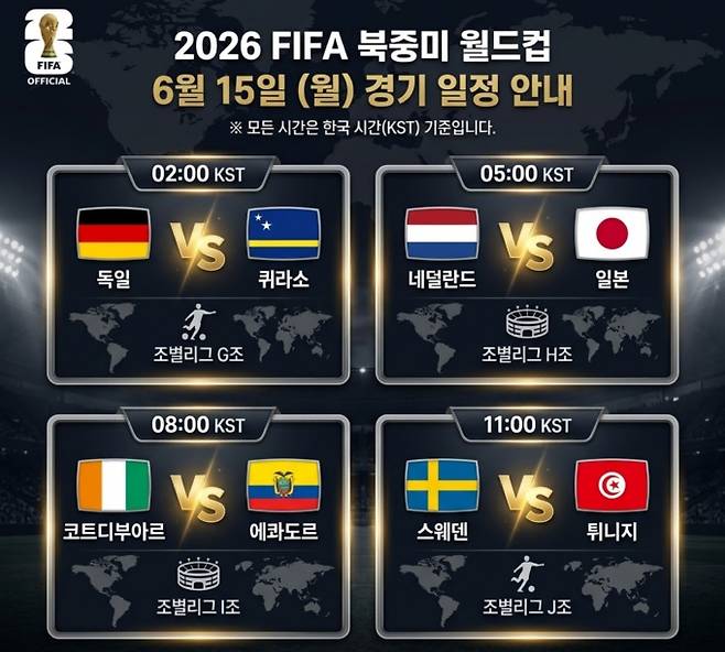 2026 FIFA 북중미 월드컵 15일 축구 국가대표 일정·중계 방송사 채널, 한국시간 기준, Ai 생성