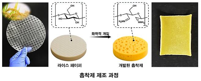 쌀종이(라이스 페이퍼)로 금 이온 흡착제를 만드는 과정. 한국연구재단 제공