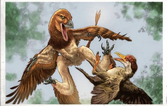 작은 새를 공격하는 지안 창마엔시스의 복원도. illustration by Lewis LaRosa, colorized by Jão Canola