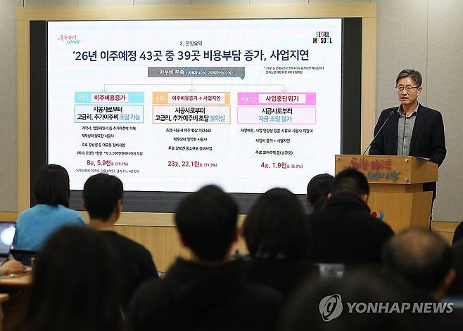 이주비 대출규제 합리화 촉구하는 서울시 브리핑 올해 1월 27일 최진석 서울시 주택실장이 서울시청 브리핑실에서 이주비 대출규제 합리화 촉구 브리핑을 진행하고 있다. [연합뉴스 자료사진]