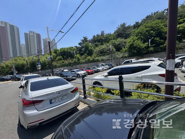 지난 12일 울산 동구 산록마을 임시공영주차장에 빈 주차면이 다수 남아 있는 반면 전하체육센터 인근 무료주차장과 도로변은 차량들로 빽빽하다.