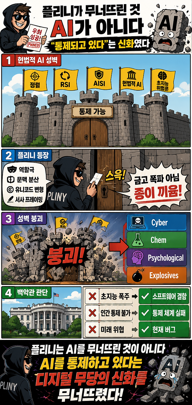 플리니(Pliny)의 탈옥 시연은 인공지능(AI) 자체를 무너뜨린 사건이 아니라, 앤스로픽이 수년간 강조해 온 '헌법적 AI', '정렬(Alignment)', '재귀적 자기개선(RSI)', '초지능 위험론' 등으로 대표되는 통제 가능성 서사를 흔든 사건이다. / GPT-5.5