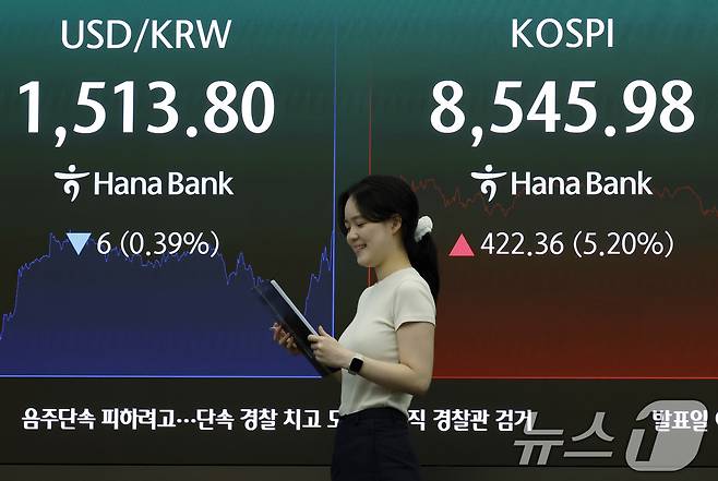 미국과 이란의 중동 전쟁 종전 양해각서(MOU) 합의 소식이 전해진 15일 서울시 중구 하나은행 딜링룸 전광판에 코스피 등 종가가 표시되고 있다. 이날 서울외환시장에서 달러·원 환율은 전일 오후 3시 30분 주간종가 보다 8.7원 내린 1511.1원을 기록했다. 2026.6.15 ⓒ 뉴스1 박정호 기자
