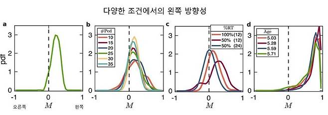 a는 스페인 청소년들이 열린 공간에서 보여준 방향성, b는 일본 성인과 청소년들이 폐쇄 공간에서 보여준 방향성, c는 인위적으로 우회전을 유도했을 때의 방향성, d는 일본 어린이들의 방향성이다. M값이 1에 가까울수록 강력한 반시계 방향, -1에 가까울수록 시계 방향이다. 정도의 차이는 있지만 하나같이 왼쪽 편향을 보여준다. 네이처 커뮤니케이션스
