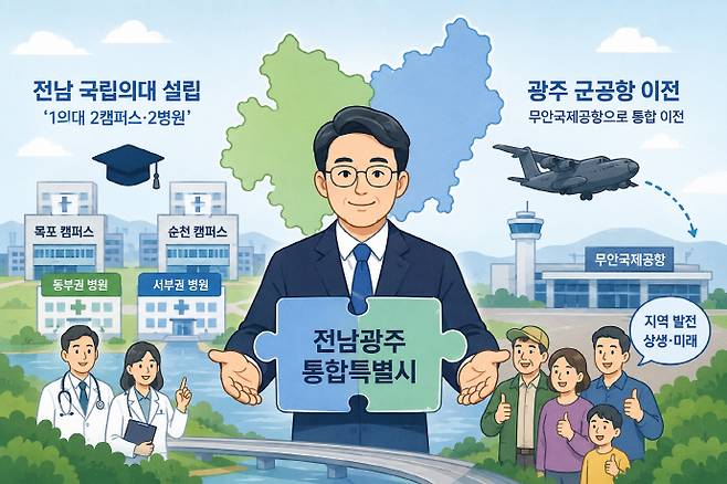 민형배 초대 전남광주통합특별시장 당선인이 풀어야 할 두 가지 숙제를 형상화한 일러스트. 왼쪽은 목포·순천 2캠퍼스와 동·서부권 병원을 갖춘 전남 국립의대 설립 구상, 오른쪽은 광주 군공항의 무안국제공항 통합 이전 방향을 담았다. /AI 생성이미지