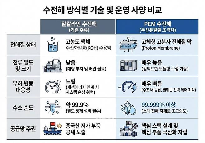 수전해 방식별 기술 및 운영 사양 비교./AI 생성 이미지