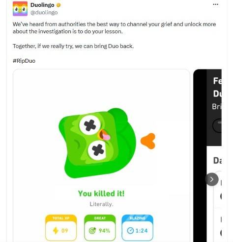 듀오링고 공식 SNS X에 올라온 부활 캠페인 유도 게시물. 사진=듀오링고 X 캡처