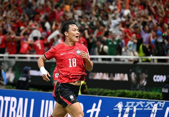 12일(한국시각) 멕시코 과달라하라 사포판의 에스타디오 과달라하라에서 열린 2026 북중미월드컵 대한민국과 체코의 경기. 결승골을 넣은 오현규가 환호하고 있다. 사포판(멕시코)=허상욱 기자wook@sportschosun.com/2026.06.12/