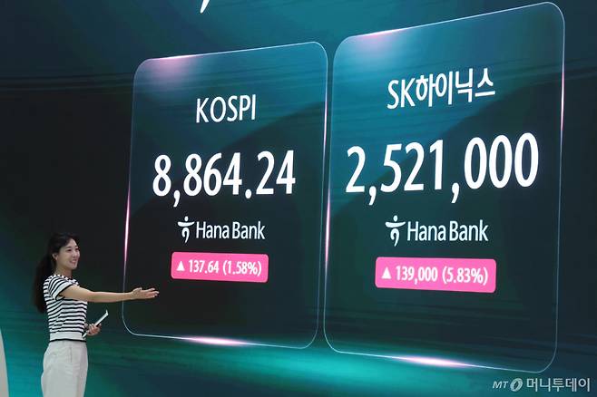 17일 오후 서울 중구 하나은행 딜링룸에 코스피 지수와 SK하이닉스 주가가 표시돼 있다. SK하이닉스는 이날 전일 종가 대비 5.84% 오른 252만1000원에 마감해 사상 최고가를 경신했다./사진=뉴시스