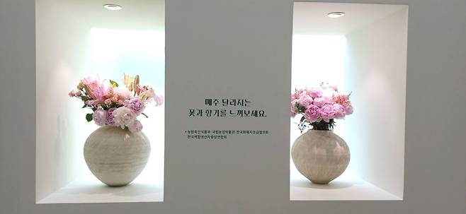 전시장 입구에 비치된 생화. 매주 꽃을 바꿔 달라지는 향기와 모습을 볼 수 있다. 정자연기자