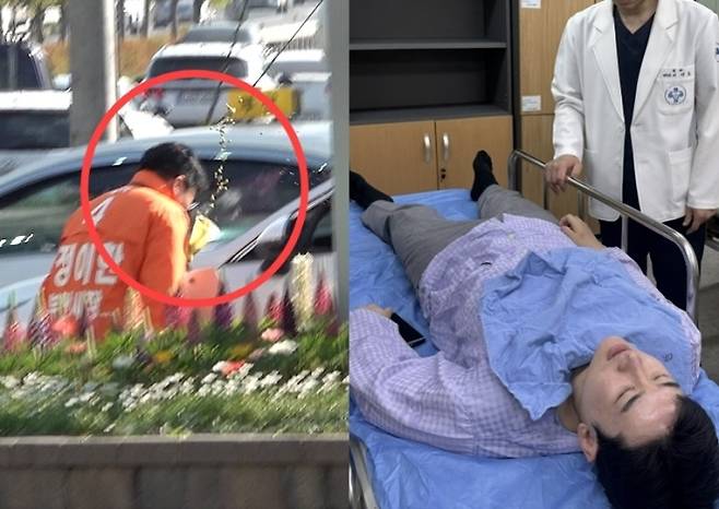 정이한 개혁신당 부산시장 후보가 27일  부산 금정구 구서나들목 주변에서 유세하던 도중 한 시민이 던진 음료가 담긴 컵에 맞았다.(왼쪽) 정 후보는 인근 병원으로 후송돼 치료받았다. 자료 : 개혁신당 선대위