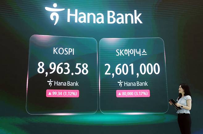 18일 서울 중구 하나은행 딜링룸 현황판에 코스피와 SK하이닉스 주가가 표시되고 있다. 이날 코스피는 전날보다 20.68포인트(0.23%) 오른 8884.92에, 코스닥지수는 2.15포인트(0.21%) 내린 1029.81에 개장했다. 연합뉴스