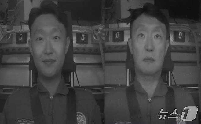 지난 17일 충북 청주 공군 항공우주의학훈련센터에서 진행한 가속도 내성 훈련을 받을 당시 모습. 왼쪽은 훈련 시작 직전, 오른쪽은 중력의 6배(6G)에 도달했을 때 나타난 표정 변화. 6G를 버티는 20초는 생애에서 가장 긴 20초였다. 2026. 6.17./ⓒ 뉴스1(공군 제공)