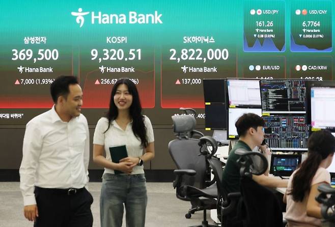 9일 서울 중구 하나은행 딜링룸 현황판에 코스피, SK하이닉스와 삼성전자 주가가 표시되고 있다. 이날 코스피는 전날보다 225.05포인트(2.48%) 오른 9,288.89에, 코스닥지수는 0.47포인트(0.05%) 오른 1,001.40에 개장했다. 연합뉴스