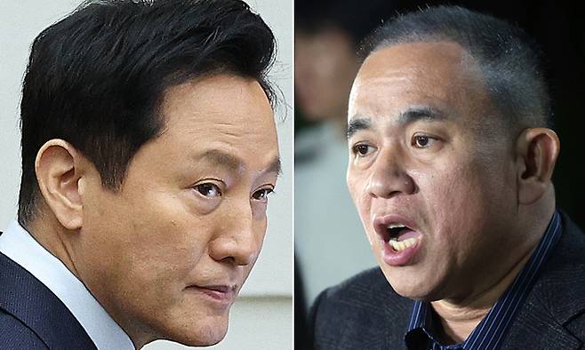2021년 4·7 서울시장 보궐선거 당시 ‘여론조사 비용 대납’ 의혹을 두고 진실공방을 벌인 오세훈 시장과 ‘정치브로커’ 명태균씨. 연합