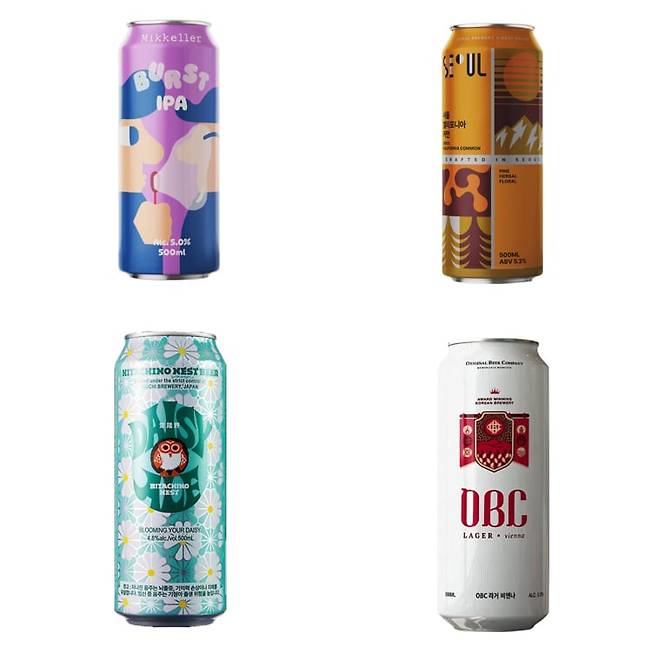 (왼쪽부터 시계방향) CU 미켈러 버스트 IPA·서울캘리포니아커먼·GS25 히타치노네스트 데이지에일·OBC라거비엔나에일. /각사 제공