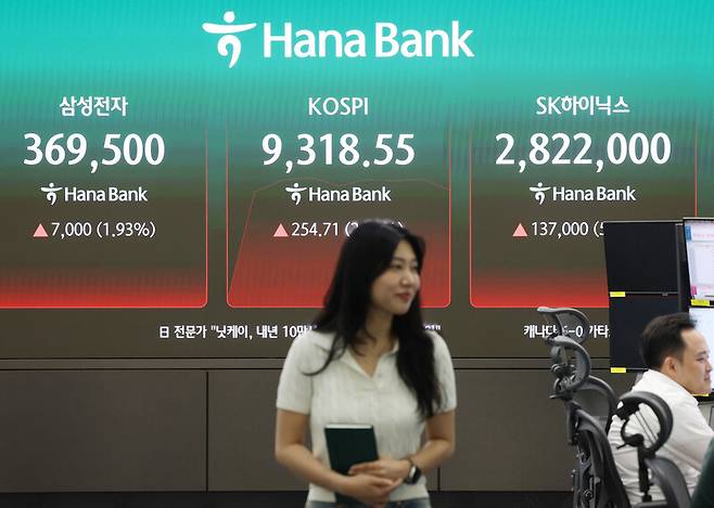 지난 19일 서울 중구 하나은행 딜링룸 현황판에 삼성전자, 코스피, 에스케이(SK)하이닉스 주가가 나란히 표시돼 있다. 연합뉴스