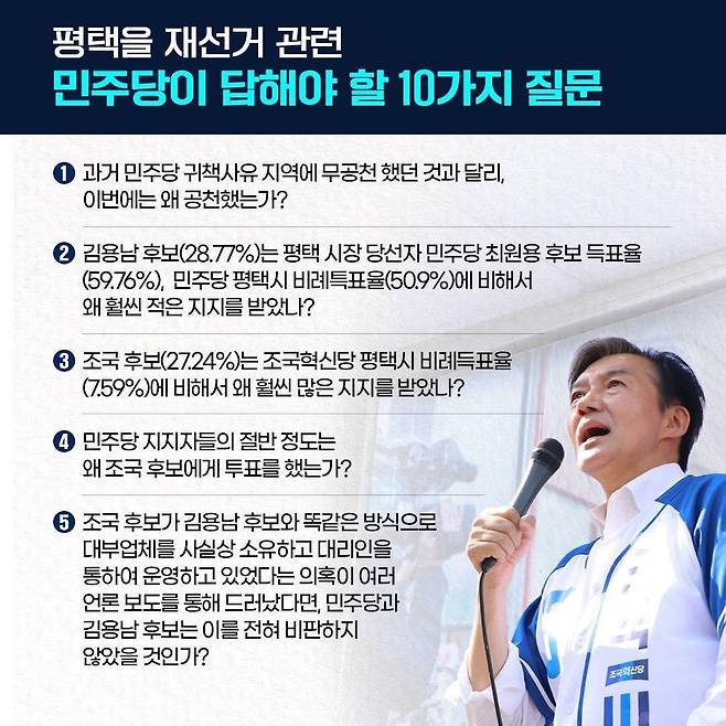 조국 전 조국혁신당 대표가 21일 페이스북에 올린 '민주당이 답해야 할 10가지 질문'. 페이스북 캡처
