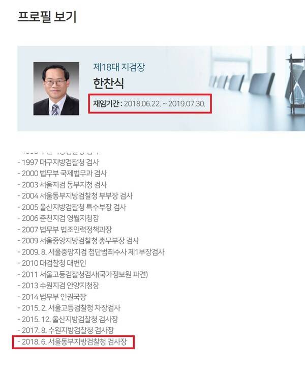 ▲한찬식 신임 민정수석이 2018년 6월부터 2019년 7월까지 제18대 서울동부지검장을 지낸 이력이 실린 동부지검의 역대 지검장 프로필.(일부 강조 표시) 사진=서울동부지검 갈무리