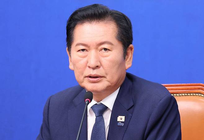 정청래 더불어민주당 대표가 지난 19일 국회에서 열린 최고위원회의에서 발언하고 있다. 임현동 기자