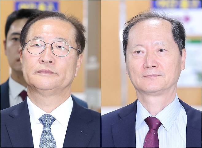 박성재 전 법무부 장관(사진 왼쪽)과 이완규 전 법제처장(사진 오른쪽)이 22일 서울중앙지법에서 열린 1심 선고 공판에 각각 출석하고 있다. 연합뉴스