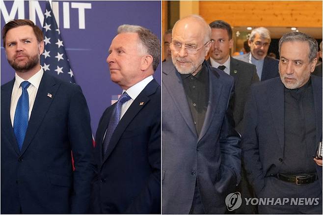 스위스서 종전 합의 후속 협상 나선 미·이란 대표단 스위스서 종전 합의 후속 협상 나선 미·이란 대표단. 왼쪽부터 미국의 J.D. 밴스 부통령, 스티브 위트코프 중동 특사, 이란의 모하마드 바게르 갈리바프 의회 의장, 아바스 아라그치 외무장관. [로이터=연합뉴스. 재판매 및 DB 금지]