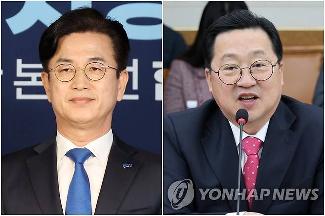 허태정 대전시장 당선인(왼쪽)과 이장우 현 시장 [촬영 이동해·김준범 기자. 재판매 및 DB 금지]